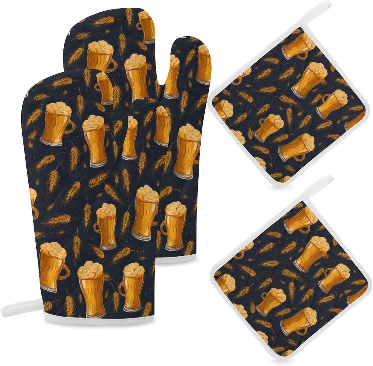 Alcohol Beer Pattern 4 Pcs Oven Mitts and Pot Holders Set High Heat Resistant Long Kitchen Oven Glove Potholders
