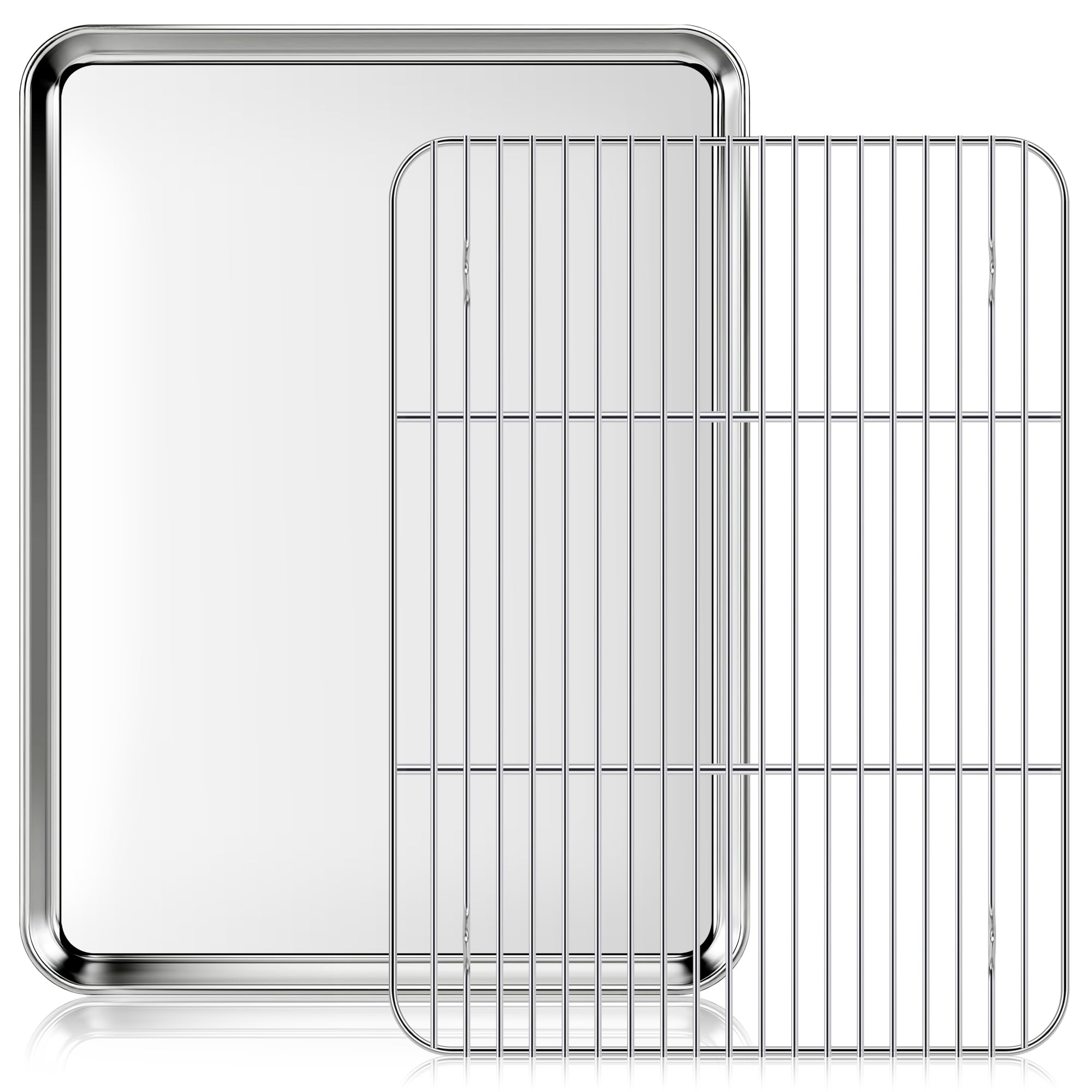 Fire More Baking Tray with Cooling Rack, 40.5 x 30.5 x 2.5 cm Stainless Steel Cookie Sheet Pan Set, Non Stick Baking Sheet with Wire Rack for Oven Cooking