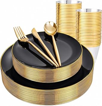 bUCLA 150PCS Black and Gold Plastic Plates - Black Gold Plastic Dinnerware Set Disposable - Include 25 Dinner / 25 Dessert Plates, 25 Knives, 25 Forks, 25 Spoons, 25 Cups, Ideal for Party & Graduation