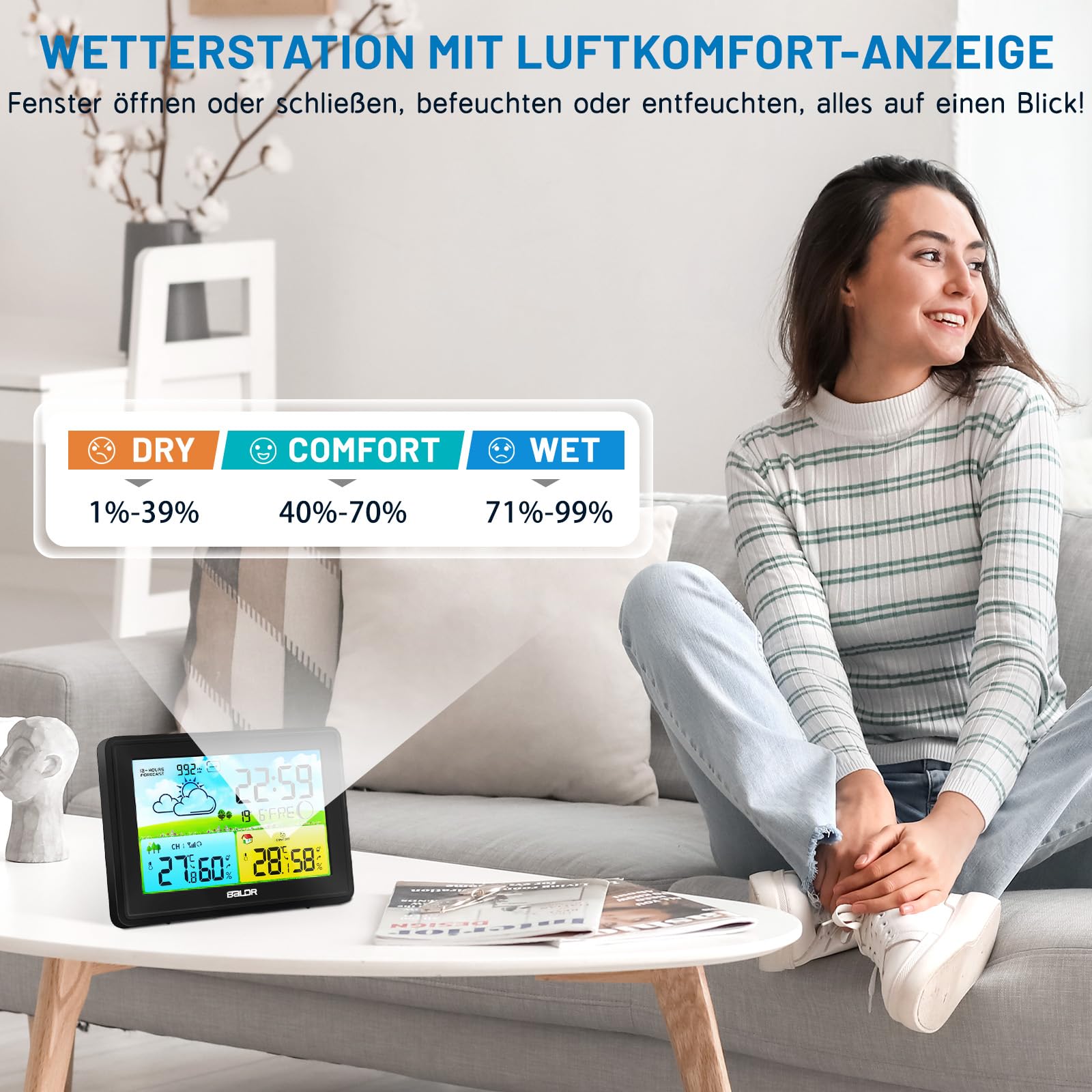 Wetterstation Funk mit Außensensor, Innen und Außen Temperatur/Luftfeuchte, Funkwetterstation mit Wettervorhersage, Barometer und Mondphase, Digital Farbdisplay DCF Funkuhr, zum Stellen/Hängen,Schwarz