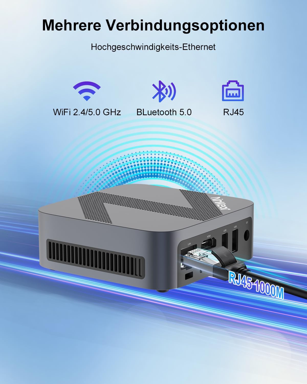 Diagram showing the powerful cooling system of the Ninkear Mini PC with copper pipe and aluminum heatsink.