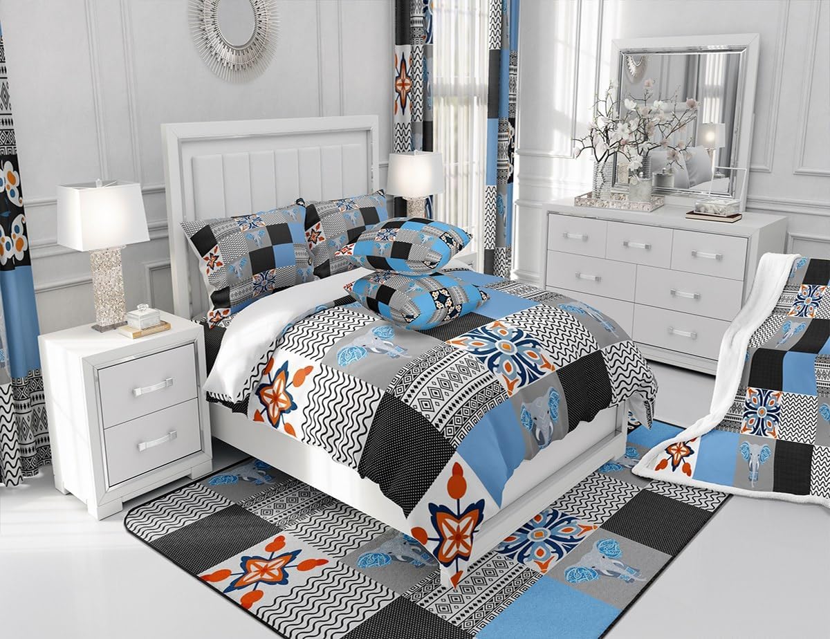 Feelyou Elephant Comforter Set Full Size Ethnic Elephant Print Bedding Set for Kids Boys Girls Blue Black Comforter Bohemian Quilt Set