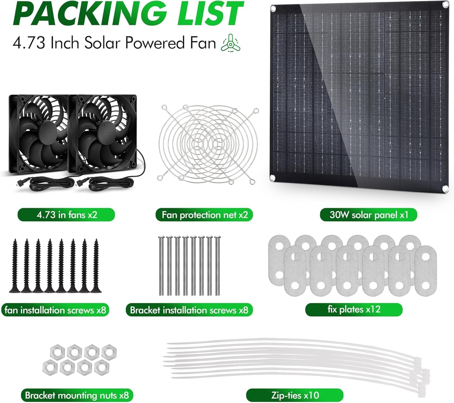 Solar Panel Fan kit, 30W Solar Powered Fan with Dual IPX7 Waterproof Fans for Outside Chicken Coops, Greenhouses, Sheds