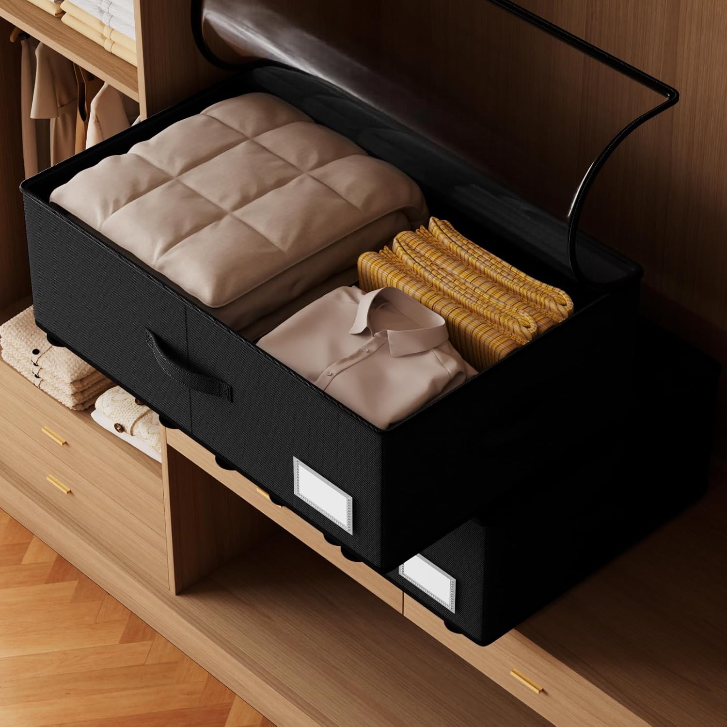 Under Bed Storage with Wheels,Under Bed Shoe Storage Organizers,Underbed Storage Bins,Rolling Under the Bed Storage Containers for Shoes Clothes in Dorm Bedroom,2 Pack（Black）