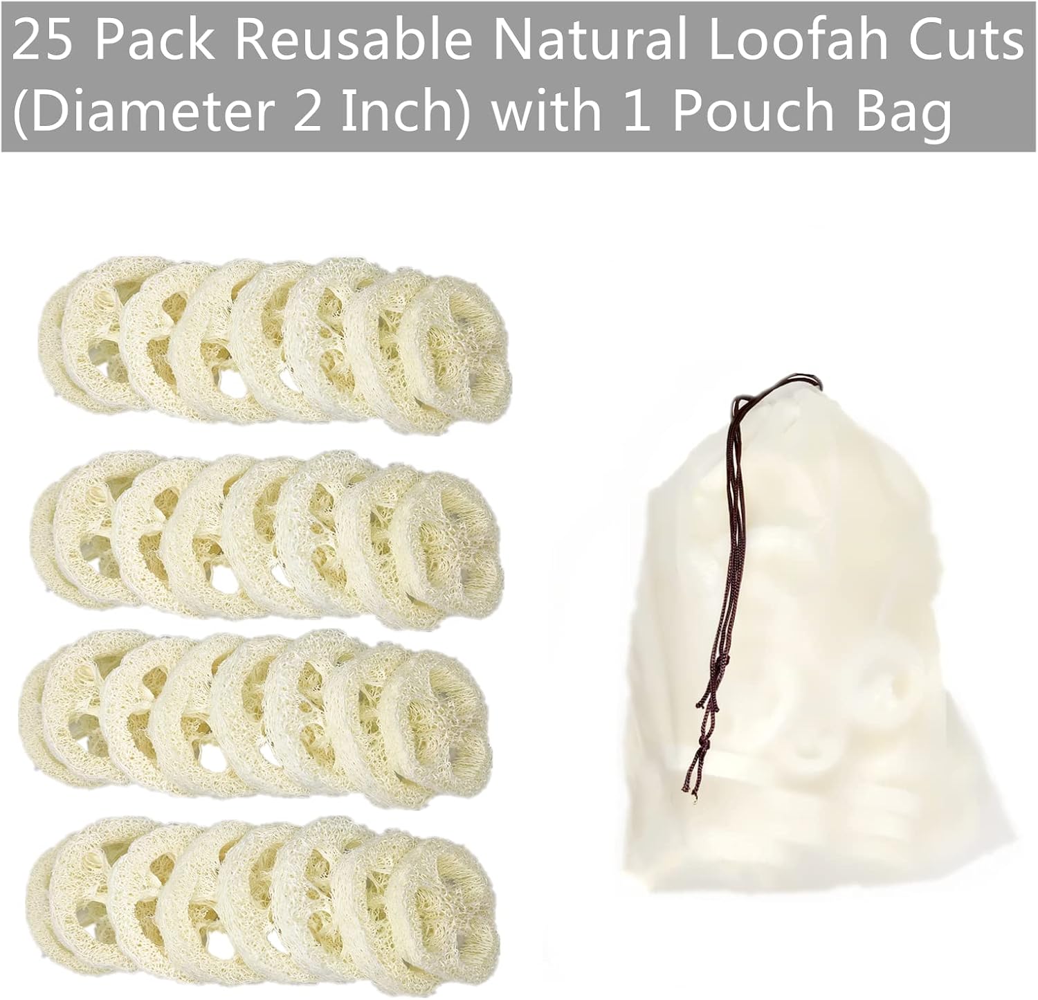 25Pcs Natural Loofah Slices of 2In, Reusable Natural Loofah Cuts for Cleaner Sponge Scrubber, Facial Soap Holder and DIY Customize Soap Tools for Wholesome Skin Care and Exfoliation with 1 Storage Bag