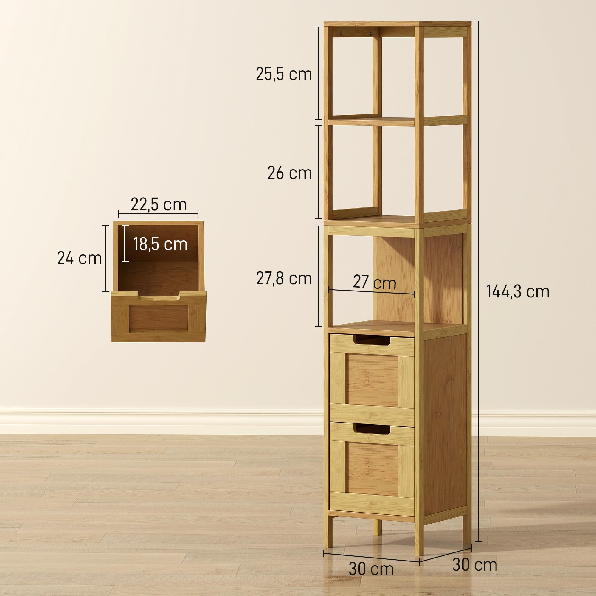 kleankin Armario de Baño Alto, Columna de Baño Estrecha con 3 Estantes y 2 Cajones de Bambú, Estilo Moderno, 30x30x144,3 cm, Natural