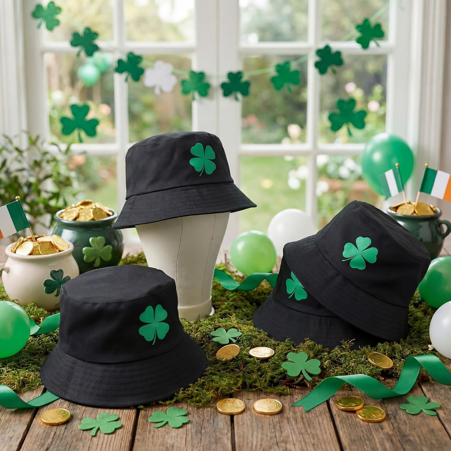 16 Pcs St Patrick's Day Bucket Hats Bulk for Women Men Green Lucky Clover Fisherman Hats