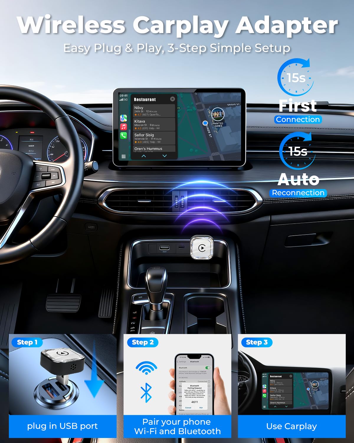 Wireless Carplay Adapter, 2026 Upgraded Mini Bluetooth Carplay Adapter for iPhone & Android Auto Compatible Cars (Black) - 5