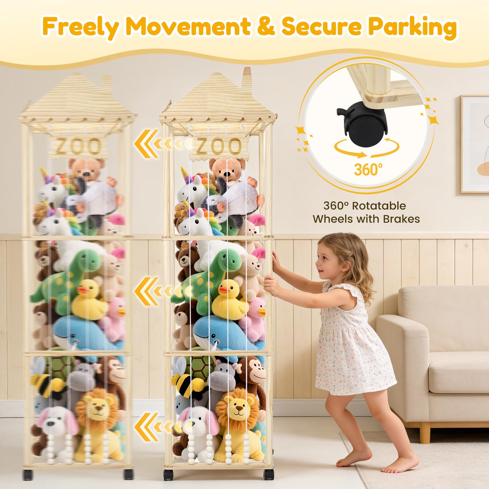 Contenitore per Peluche, 147x46x46CM Organizer per Peluchecon Ruote Girevoli a 360°, Porta Peluche per Cameretta dei Bambini, Soggiorno, Camera da Letto, Mobili per la Cameretta dei Bambini (Strisce)