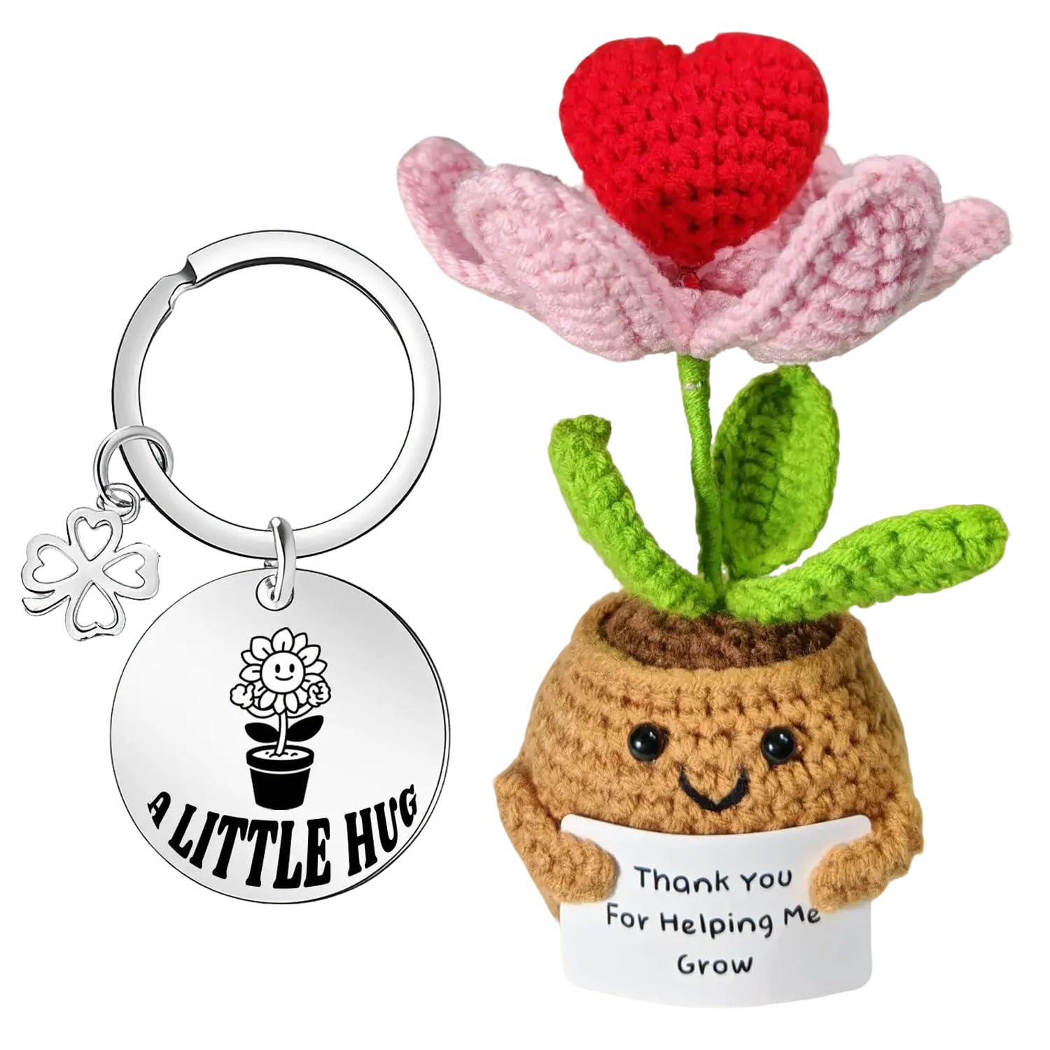 Pigpigfly Women's G Hand Knitted Lucky Charm Pocket Hu - Positive Potato Crochet Plant Buddy With 4-Leaf Clover Keychain, Exam Ood Luck Ifts For Leavin Presents For Colleagues