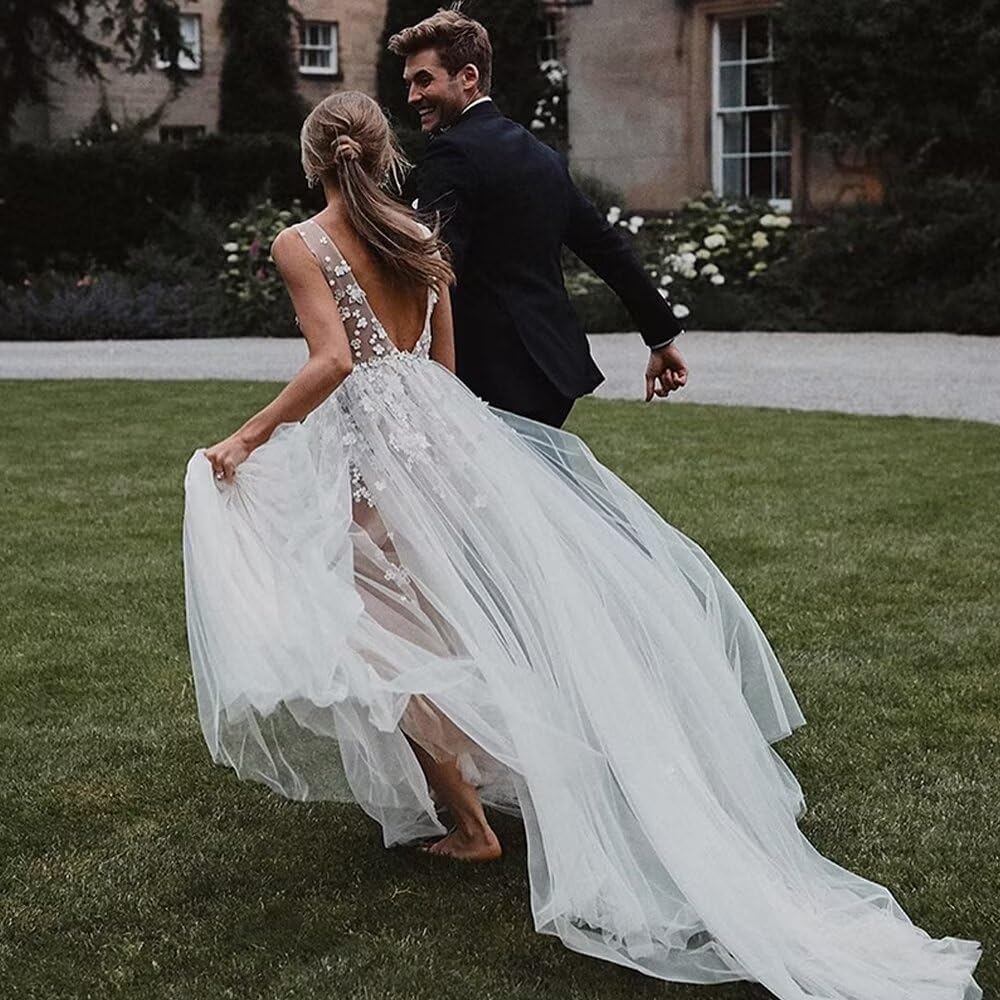 Boho Backless Vneck Sleeveless Aline lace Women Bridal Ball Gown with Train Wedding Dress for Bride Long Ivory