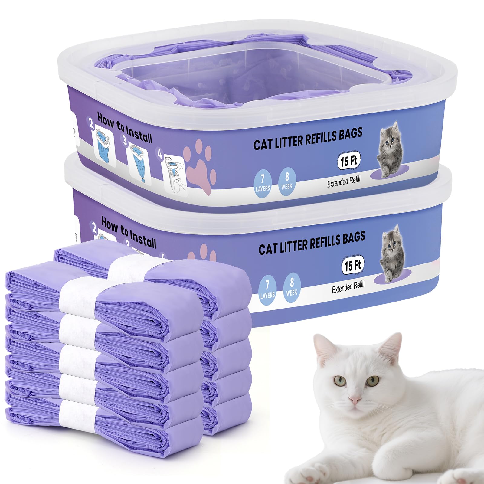 10 Piezas Recambios Cubos de Pañales,compatibles Litter Genie Standard, Plus,XL,Style,Bolsas de Recambio para Arena para Gatos,Super Control de olores，púrpura