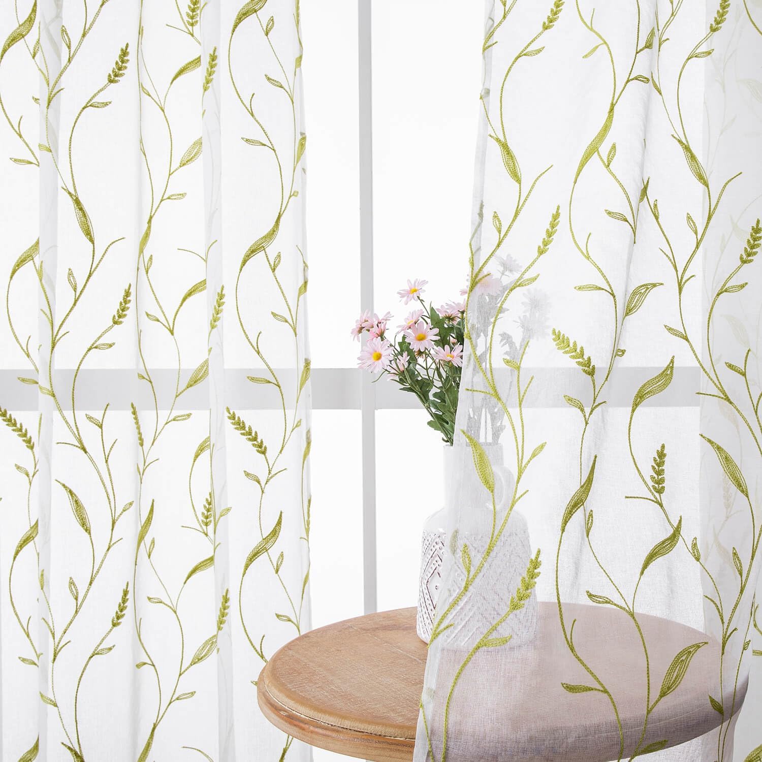 White Emboridered Sheer Curtains 84 Inches Long 2 Panels for Living Room Bedroom, Wheat Leaf Faux Linen Semi Sheer Farmhouse Curtain Rod Pocket Light Filtering Patterned Country Drapes