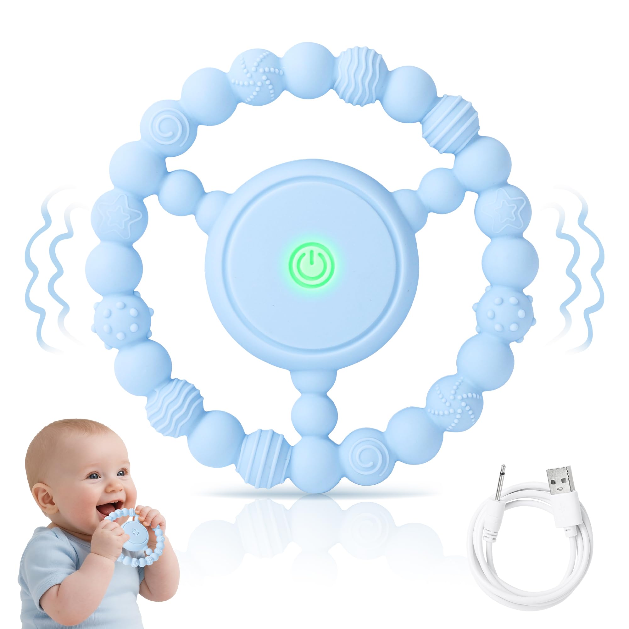EccoCove Vibrierender Beißring für Babys aus Silikon – Sensorisches Babyspielzeug zur Zahnfleischmassage & Stimulation, unterstützend bei Autismus, Ängsten & als Zahnungshilfe (Blau)