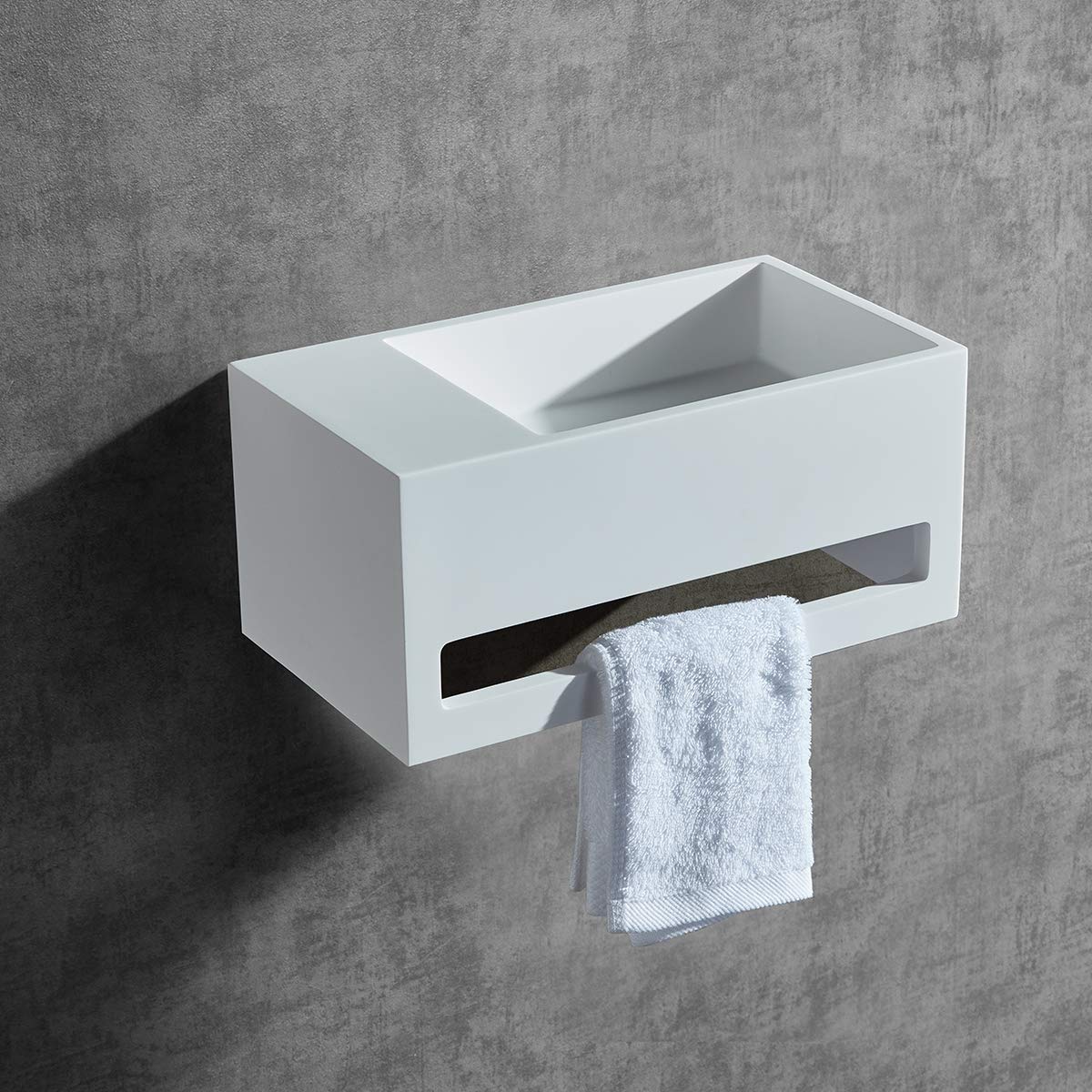 BERNSTEIN - Vasque Lavabo Rectangulaire suspendu Blanc mat 60x40x20cm Lave main mural fonte minérale + Porte-serviette & Bonde cache Blanc - Etagère à gauche - Design, Robuste & Durable - TWG02
