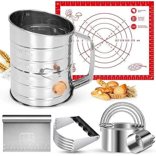 9PCS Stainless Steel Pastry Blender Set, 3 Cup Flour Sifter, Biscuit Cutter, Pastry Cutter, Dough Cutter, Silicone Baking Mats, for Cooking Cookies and Donuts, Cakes, Biscuits or Making Pancakes