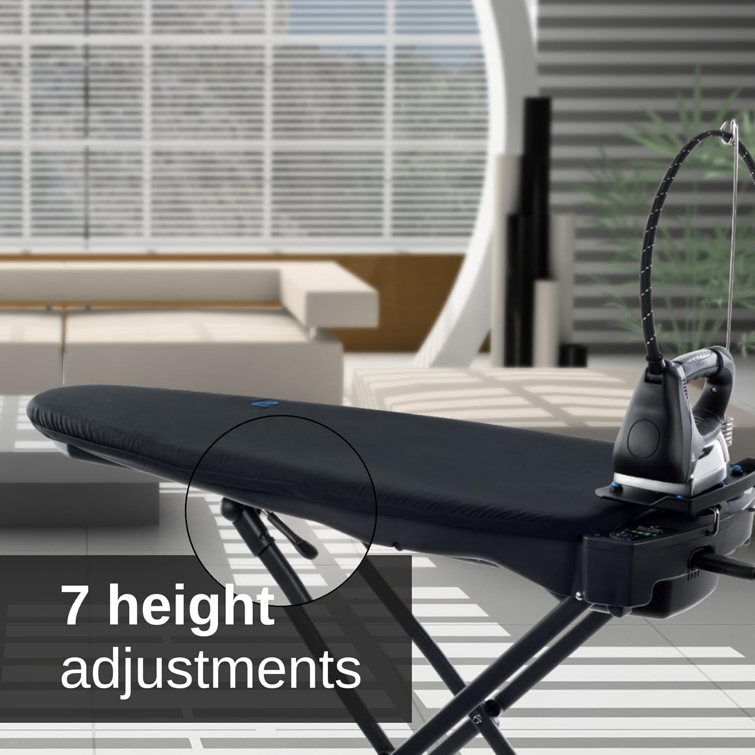 Close-up of the height adjustment mechanism on the Foxydry Vivo Ironing Board