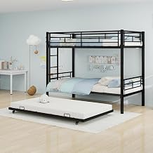 Metal Bunk Bed with Trundle, Space-Saving Bunk Bed Twin Over Twin with Ladders and Safety Guardrail, Heavy Duty Twin Bed Frames, No Box Spring Needed and Noise FreeBlack