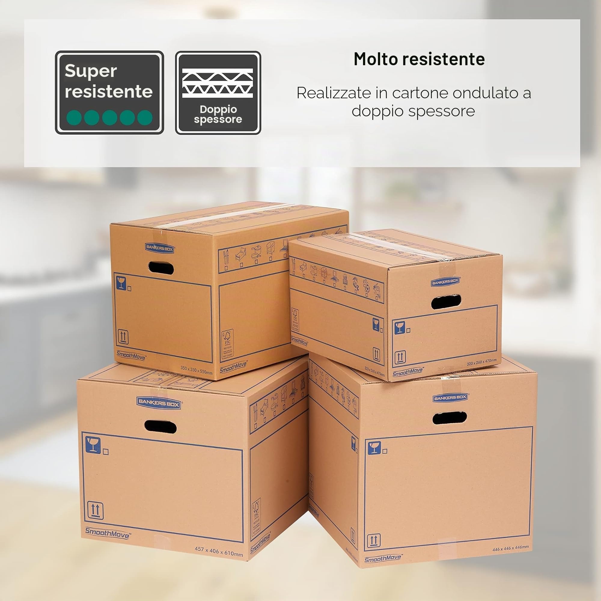 Bankers Box 10 scatole trasloco SmoothMove in cartone a doppio strato, scatole cartone per uso intenso da 100 litri con manici, dimensioni L32,5 x A44 x P70 cm, confezione da 10 [AMAZON EXCLUSIVE]