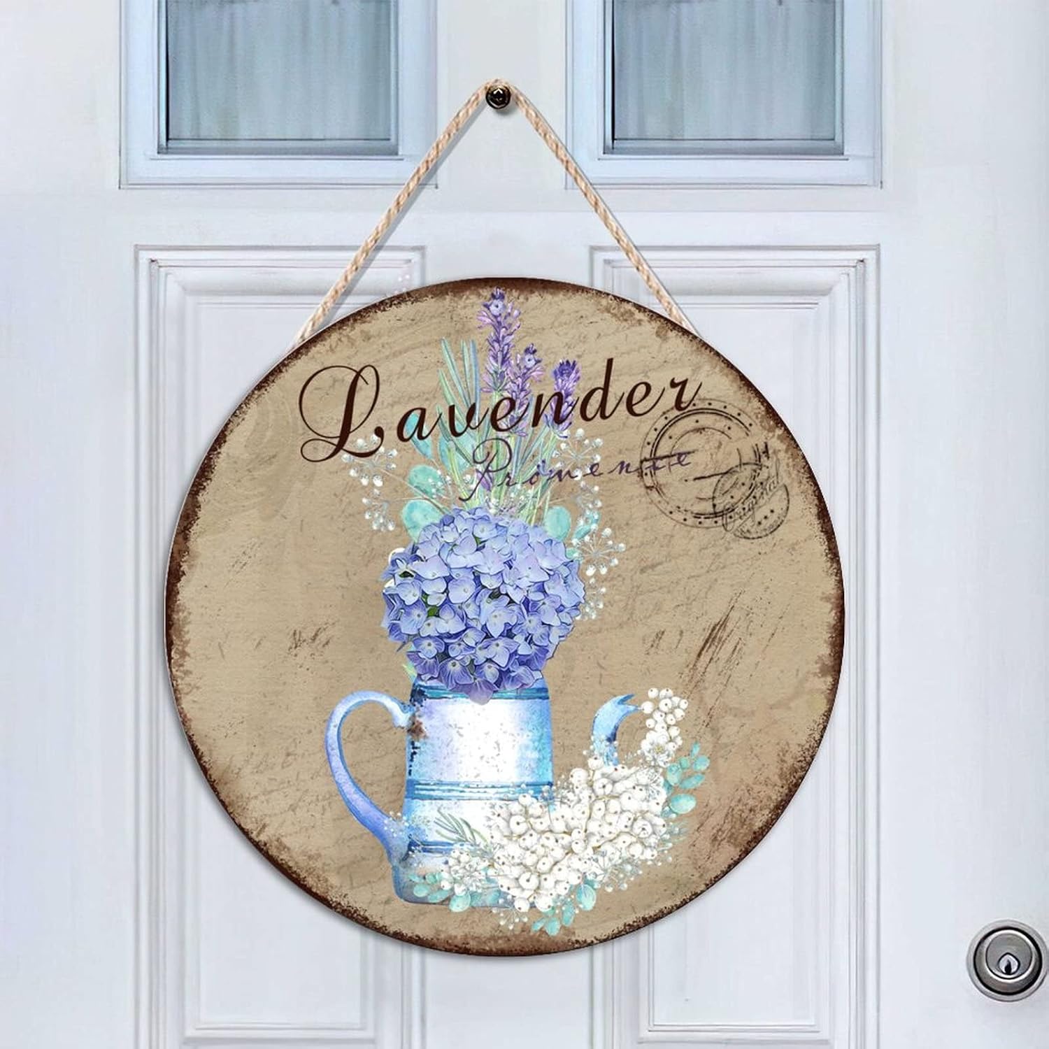 Custom Calligraphy Wall Hanging Sign Plaque, Lavender Wood Door Sign, Vintage 16x16in Front Door Round Wood Sign Farmhouse Backyard Door Hanger Wall Decor Housewarming Gifts