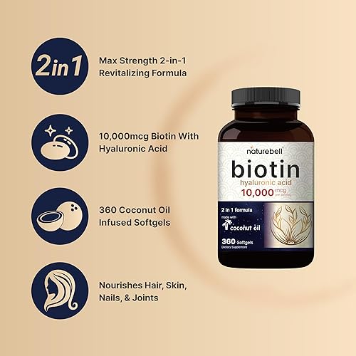 Miniatura 3 de Biotin 10000mcg + ácido hialurónico 25mg | 360 cápsulas blandas de aceite de coco, vitaminas de biotina premium para cabello, piel y uñas, altamente