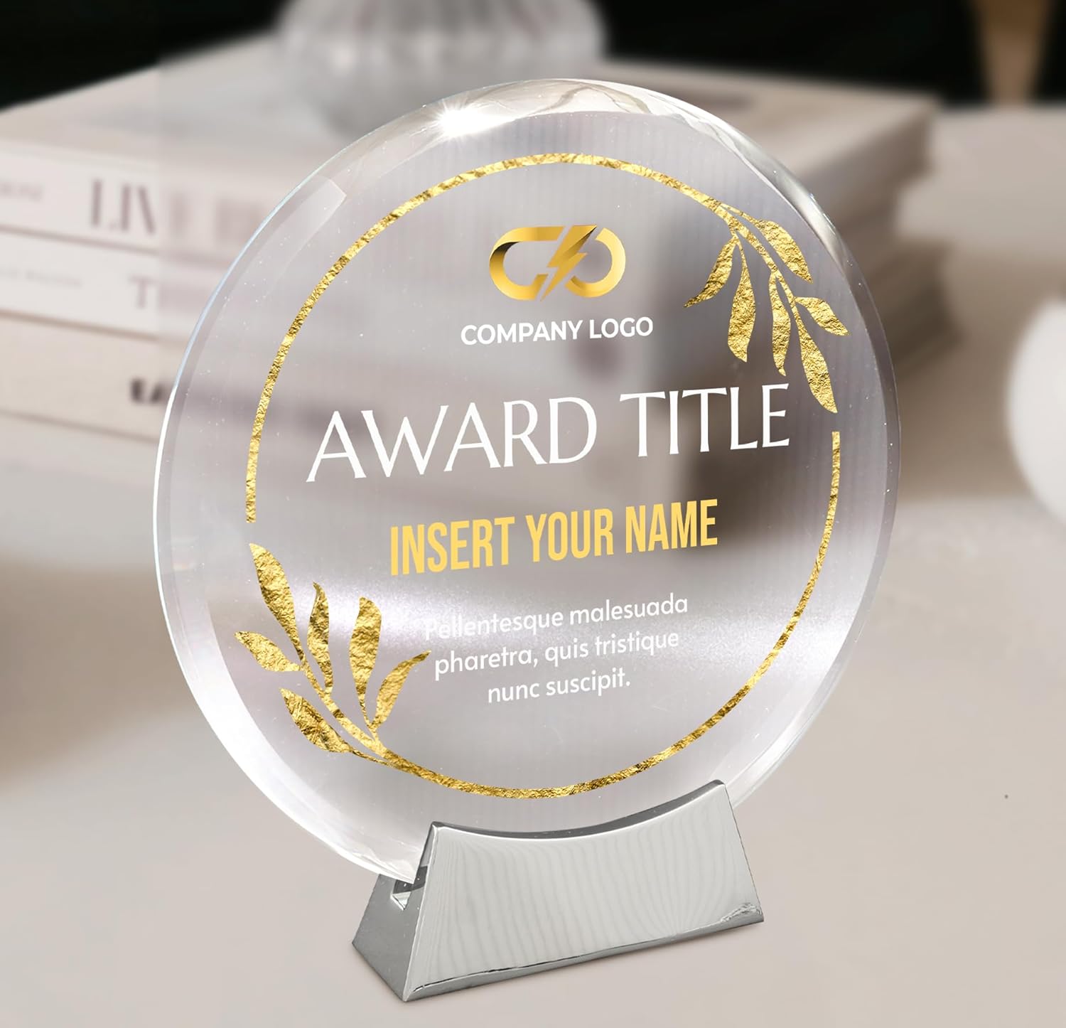 Personalized Platinum Glass Plaque, Awards & Trophies, 8" Round Design A