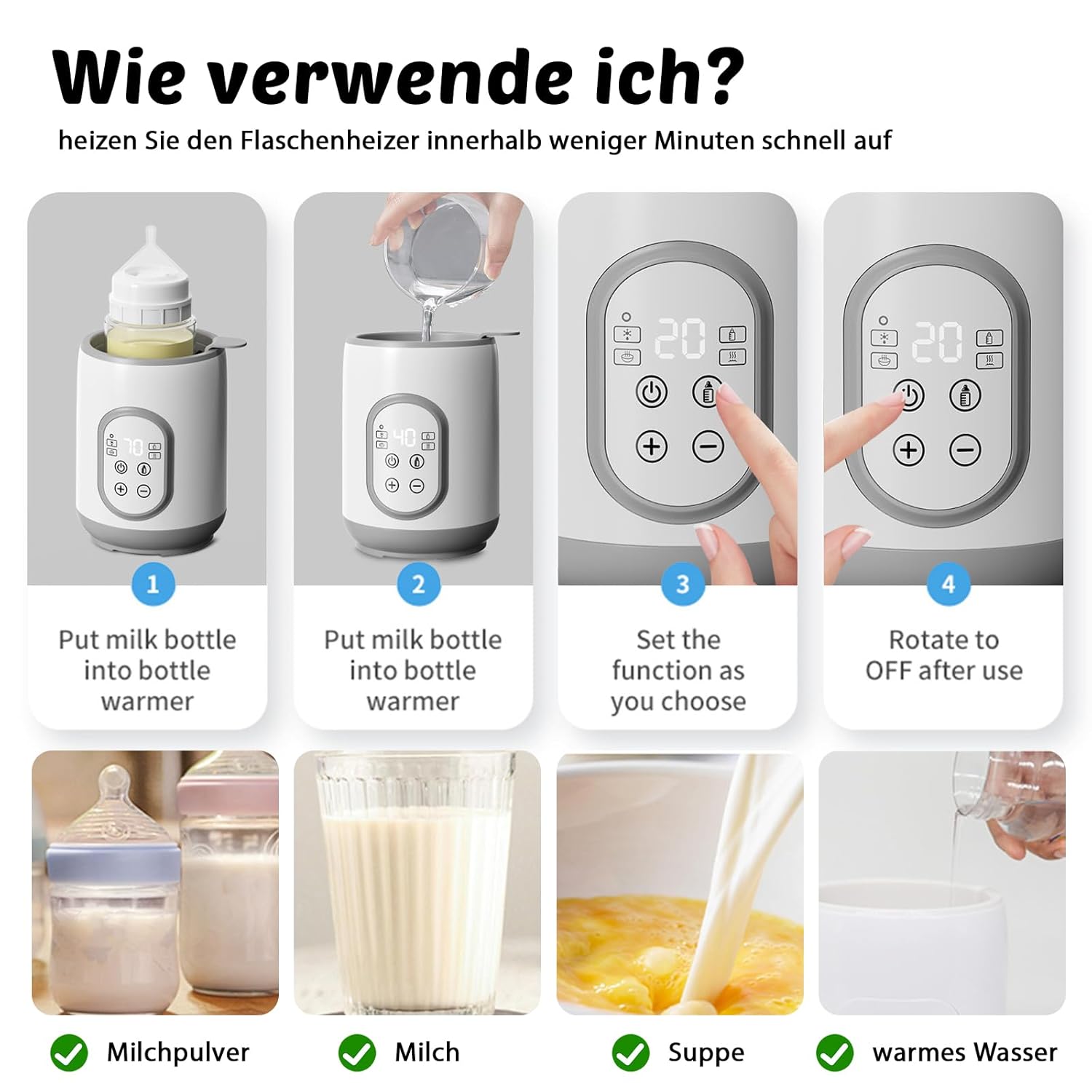Steps for using the HOSPAOP 8-in-1 Baby Bottle Warmer