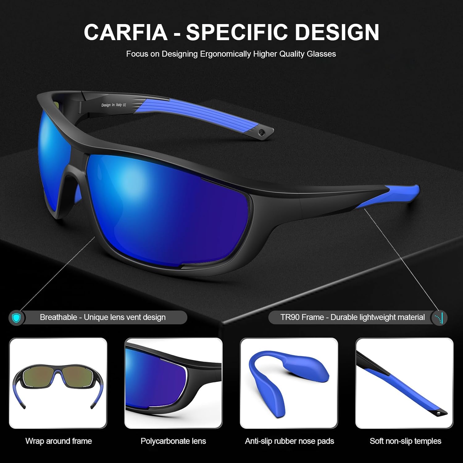 CARFIA Polarized Sports Sunglasses for Men Women Unique Lens Sides Vent Glasses for Baseball Running Cycling - Image 5