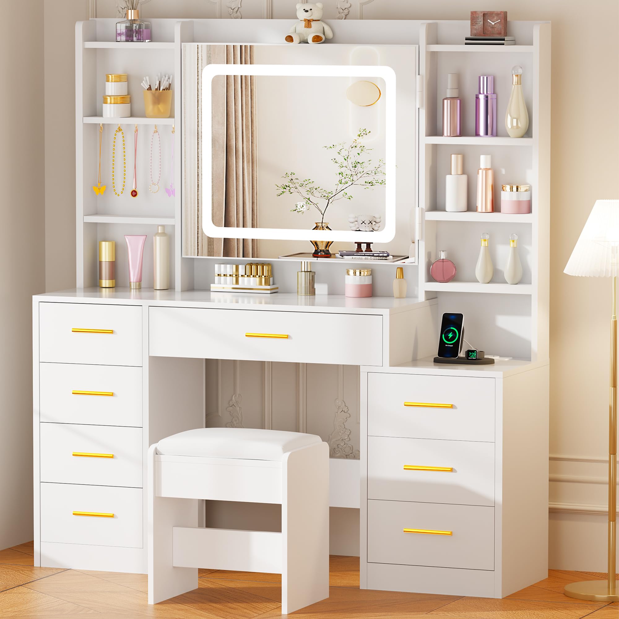 BEWISHOME Grande Toeletta da Trucco con Specchio e Luci, Sgabello e Presa | luminosità Regolabile,Tavolo Trucco con 8 Cassetti e 8 Ripiani Aperti, Moderna Postazione Trucco per Camera da Letto, EFST53M
