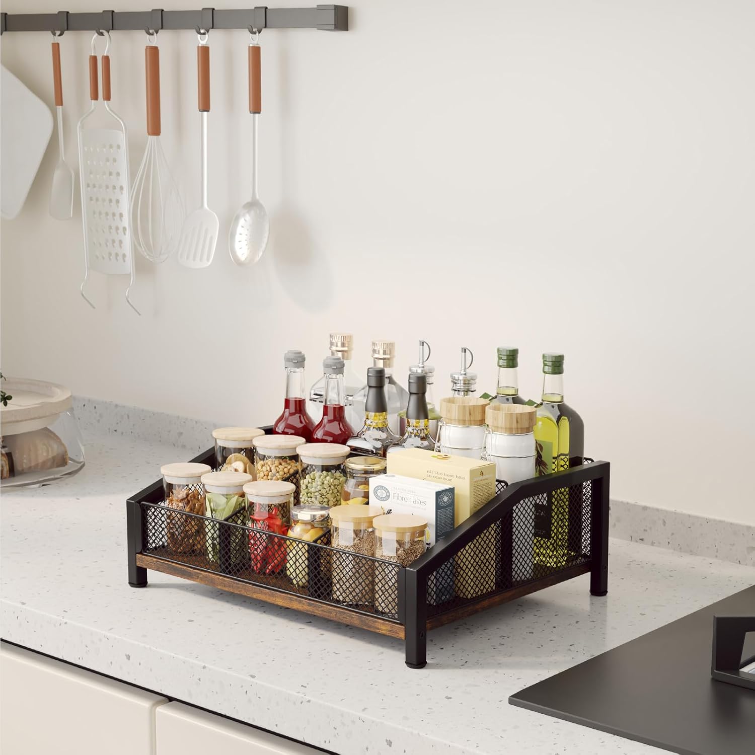 Homsorout Coffee Station Organizer - coffee bar Organizer with Removable Dividers for Pods Condiment Syrup Tea Cups Stirrers - Brown