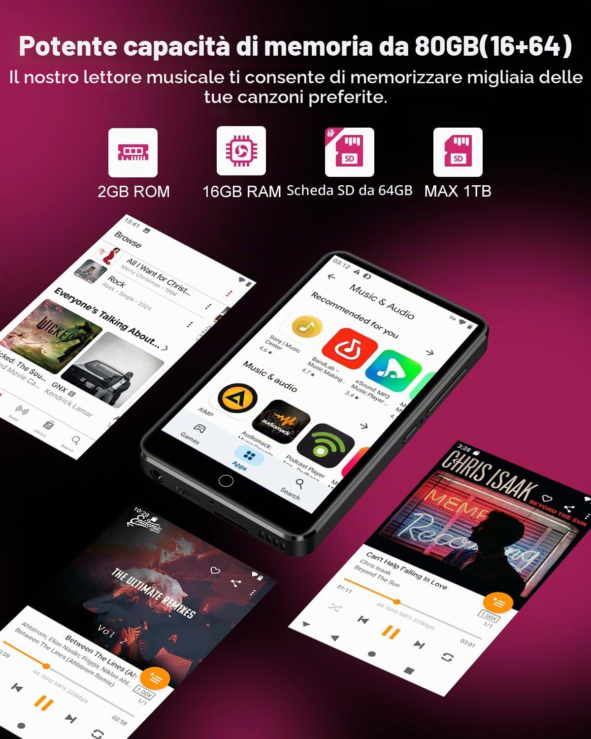 Lettore MP3 ZAQE da 80 GB con Bluetooth e WiFi, lettore MP3 MP4 con touchscreen da 4,0 pollici, lettore MP3 Android con Spotify, Audible, Deezer, lettore musicale HiFi con kinder (Nero)