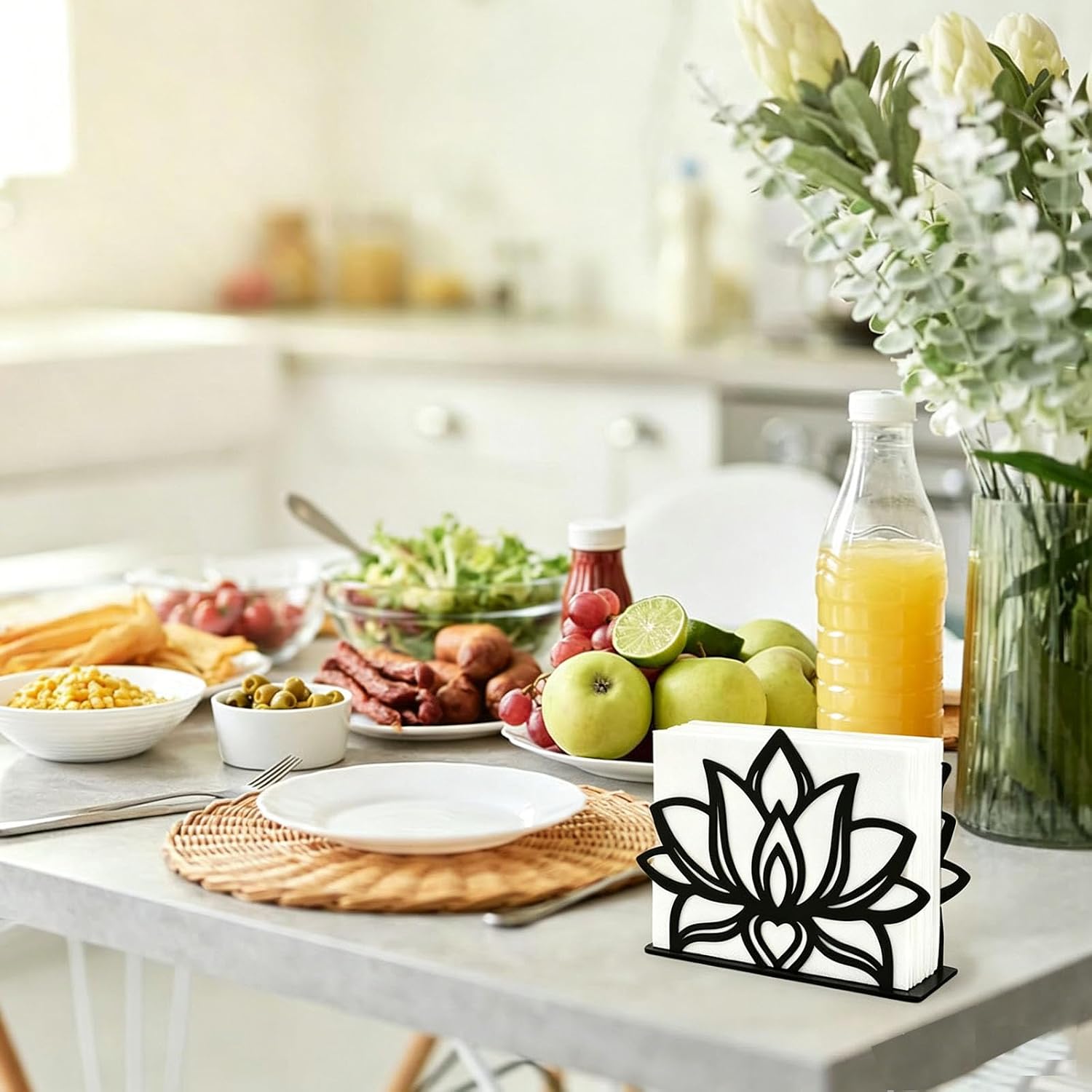 BoAn Black Metal Napkin Holder, Lotus Flower Cutout Design Napkin Caddy, Freestanding Napkin Dispenser for Kitchen Counter, Dining Table, Boho Decor (lotus)