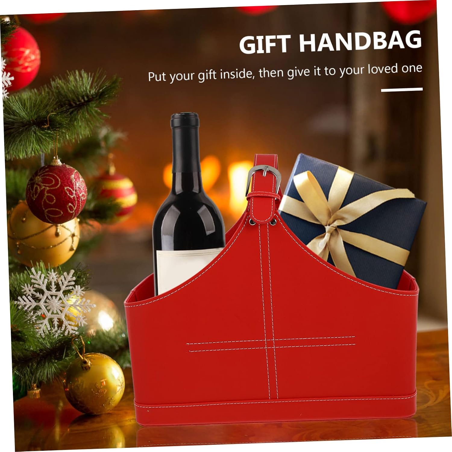 1pc Pu Leather Christmas Handbag Storage Basket Handles for Party Supplies Design for Treats and Presents