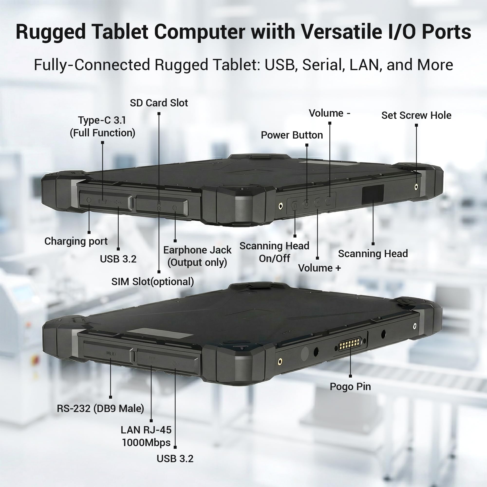 Tablette Extérieure Tablette PC Tactile Résistante Win 11 Pro, Antichoc Étanche Résistante aux Chutes, N100 CPU, 8Go RAM, 128Go ROM, 10,1" Écran Lumineux, 8000mAh, 2*USB 3,2, Type-C, RS232