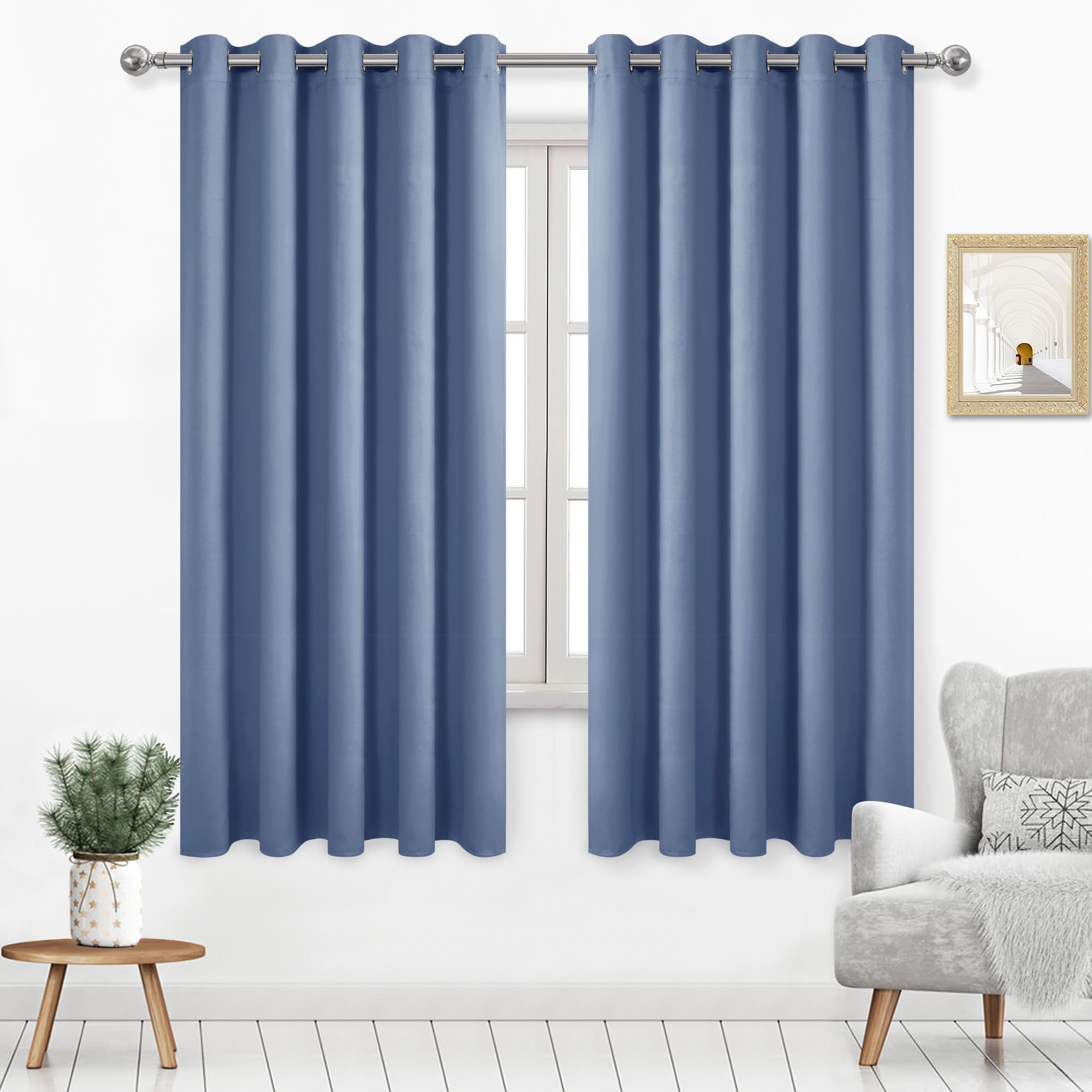 DWCN Blackout Curtains 63 Inch Length, Room Drakening Drapes for Bedroom, Solid Grommet Living Room Extra Wide Curtain, Dusty Blue, W60 x L63 Inch, Set of 2