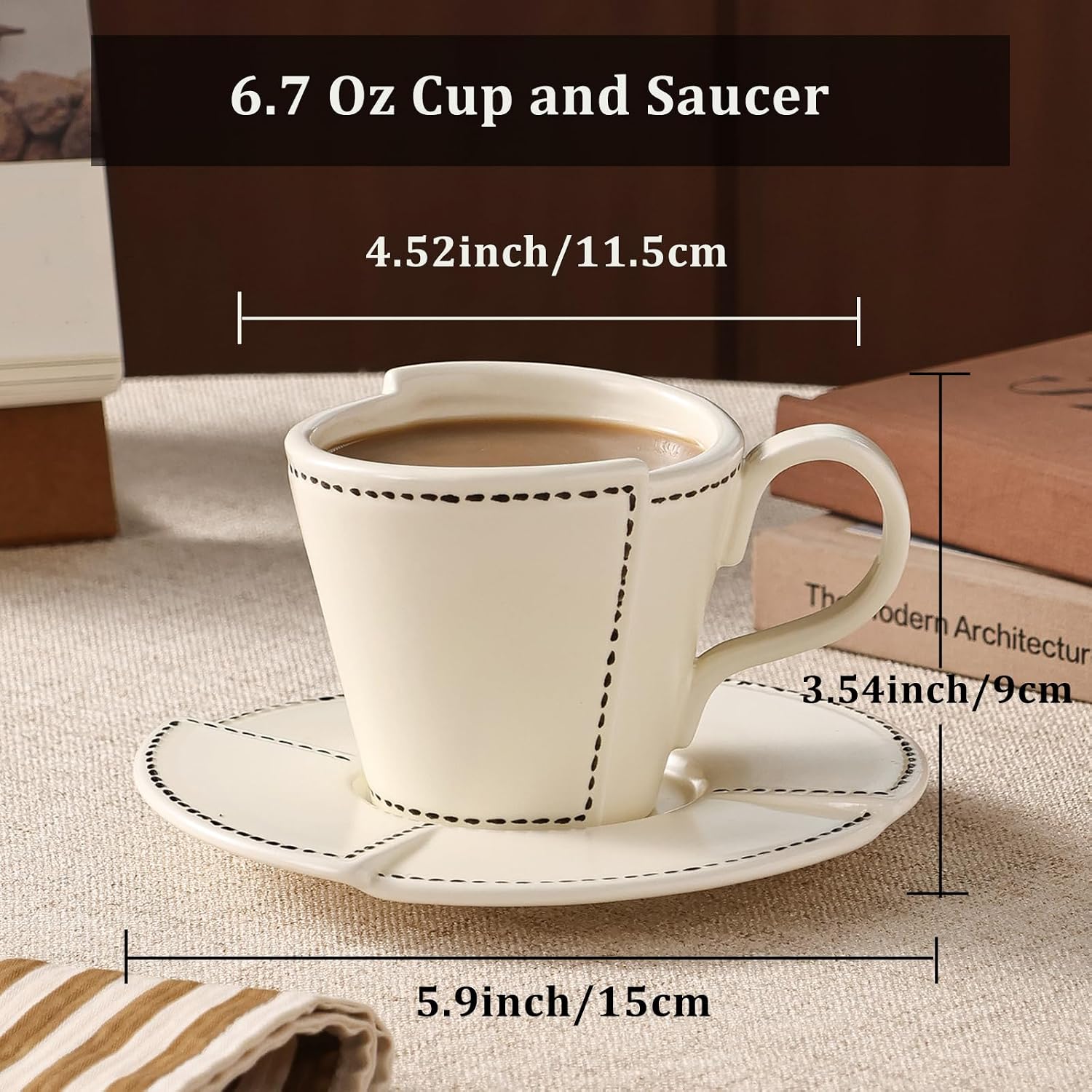 Ceramic Cup and Saucer, 6.7 Oz Coffee Tea Cups Mug