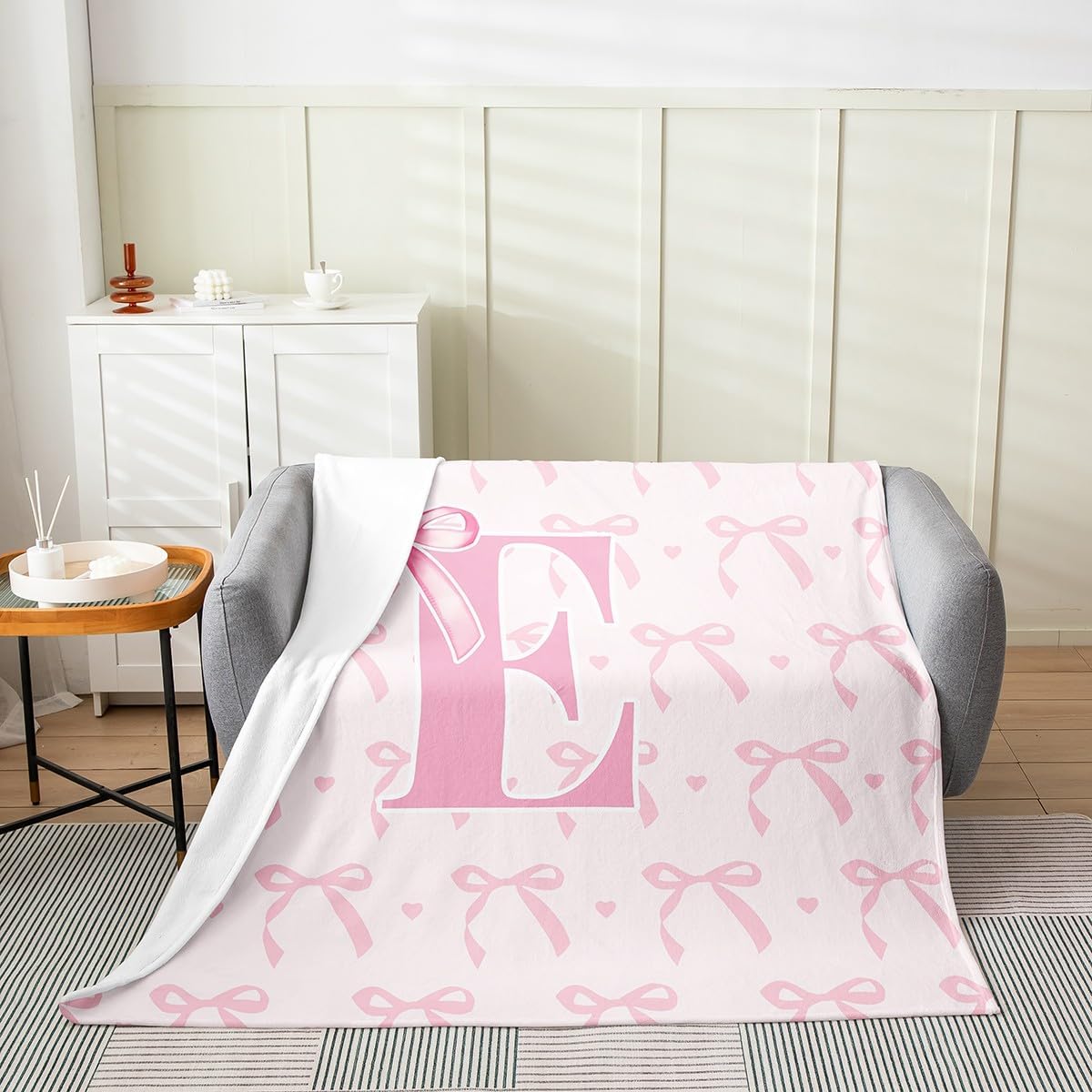 jejeloiu Cute Pink Bow Gifts Fleece Throw Blanket Twin 60"x80",Personalized Letter E Girls Flannel Blanket Plush Fuzzy,Cute Coquette Bow Knot Soft for Bed Couch Chair,Initial Letter E Monogrammed