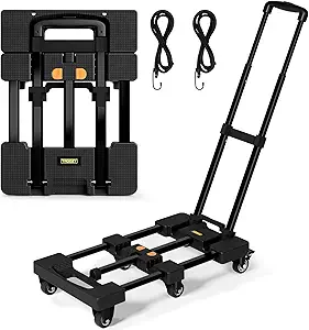 Folding Hand Truck, Dolly Cart with 6 Wheels (2 with Brake) & 2 Elastic Straps, 500 LB Heavy-Duty Trolly Cart for Moving, Luggage, Car Seat, Garden Plant, Camping,26" Max Extendable Plate,Black