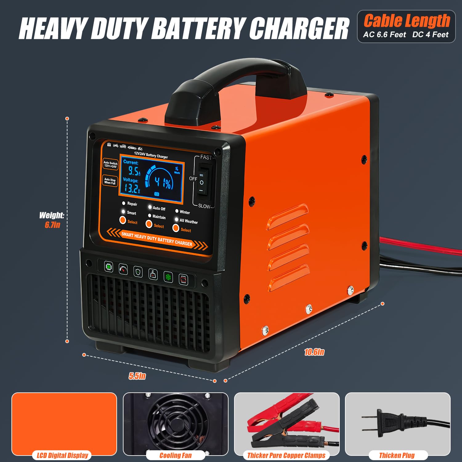 Cargador de batería de Coche de 12 V y 24 V, Resistente, mantenedor Inteligente de batería de 0 a 15 A, Cargador de Goteo con reparación, Apagado automático, Modo Invierno/Verano para Coche, camión