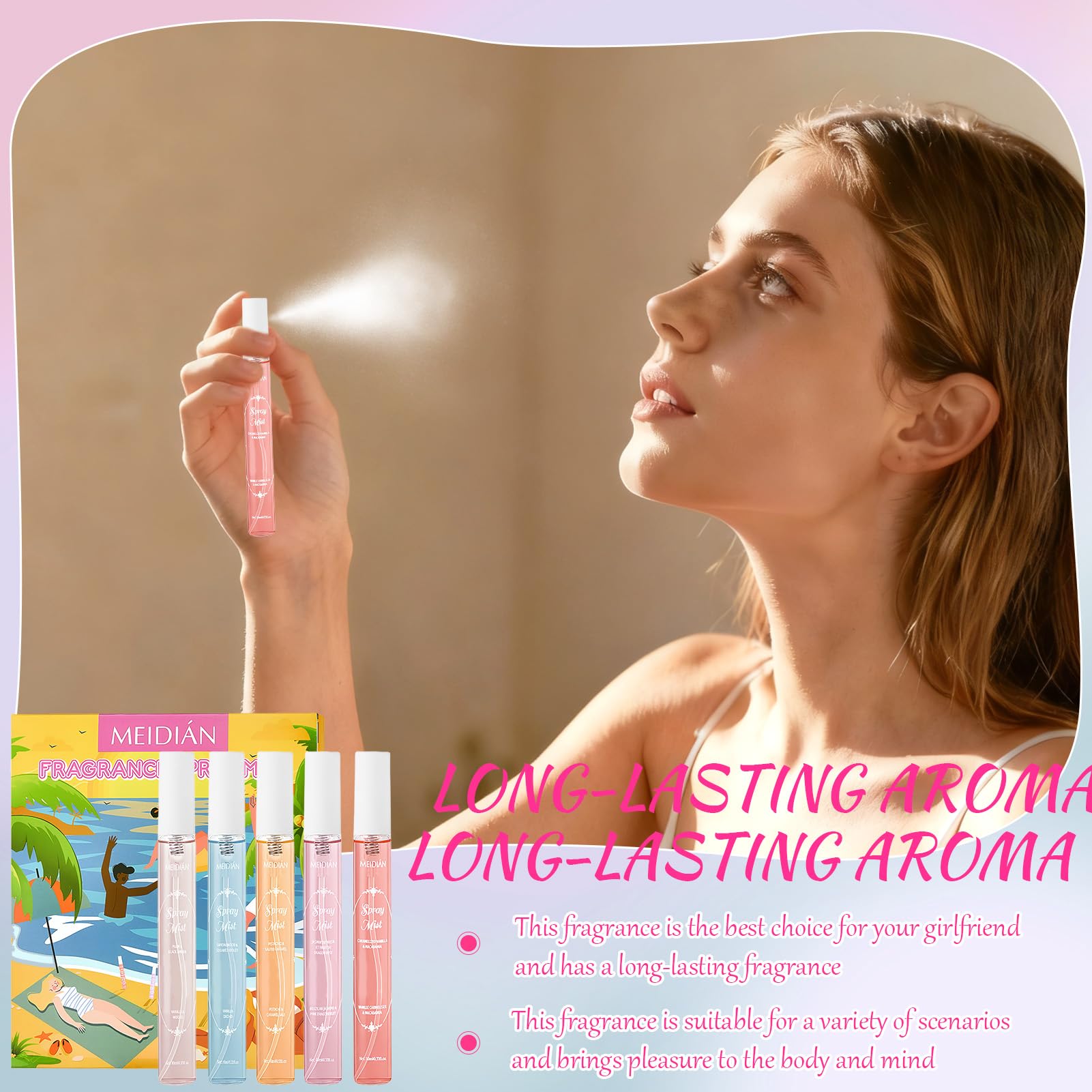 Set di Acqua Profumata per capelli e corpo, mini profumi, Acqua Corpo Profumata donna, fragranza a lunga durata per viaggi e vacanze, regalo per donna 5 x 10ml