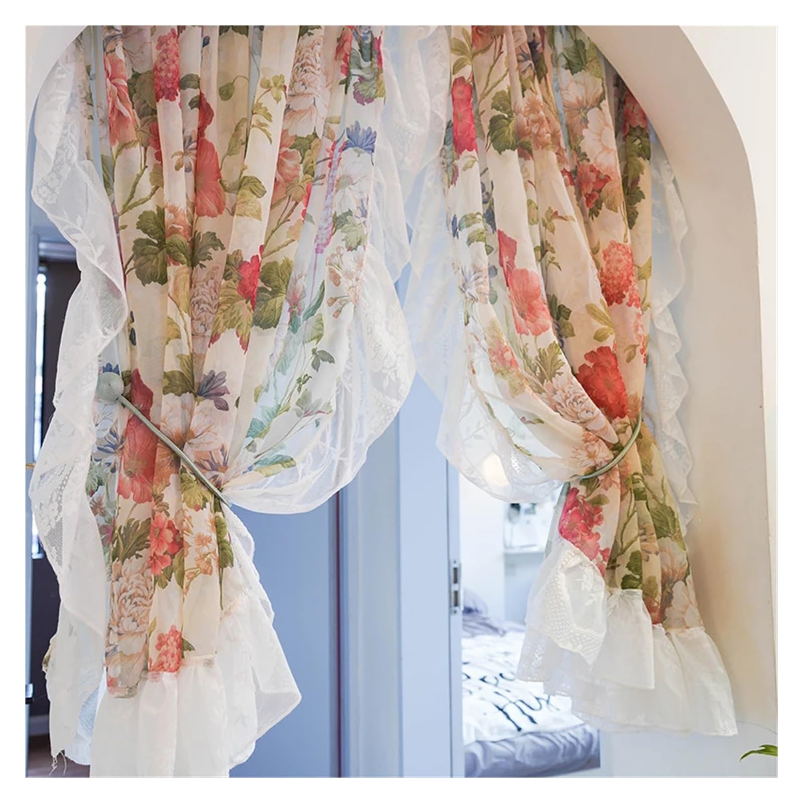 DFGRGRV Ruffle Curtains Ruffled Sheer Curtains for Kitchen Flower Short Half Window Sink Door Tulle Drapes Cottage Style Decor(1PC W150 x H80cm)