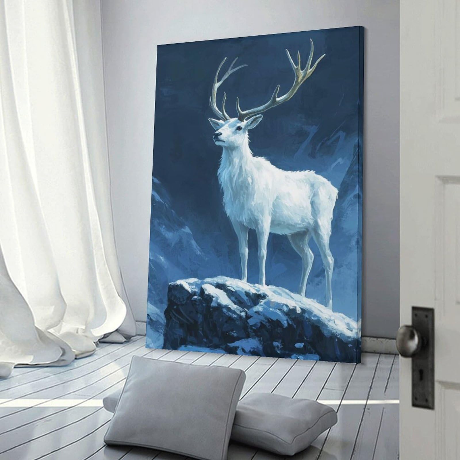 Junmoney Frame-Style-20 White Stag In Snowy Mountains Canvas Wall Decor, 20X30inch(50X75cm), For Wall Displays, Bedrooms Or Room Updates, Wall Decor Suited To Curated Displays