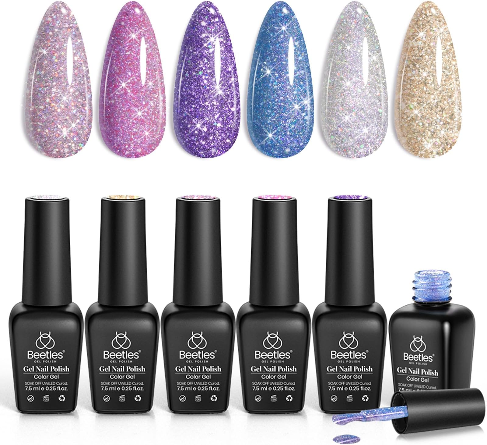 Beetles Reflective Glitter Gel Nail Polish 6 Colors Holographic Gel Polish Kit Sparkle Glitter Gel Flash Dimond Sliver Gold Soak Off UV LED Spring Summer Nail Polish White Manicure Kit