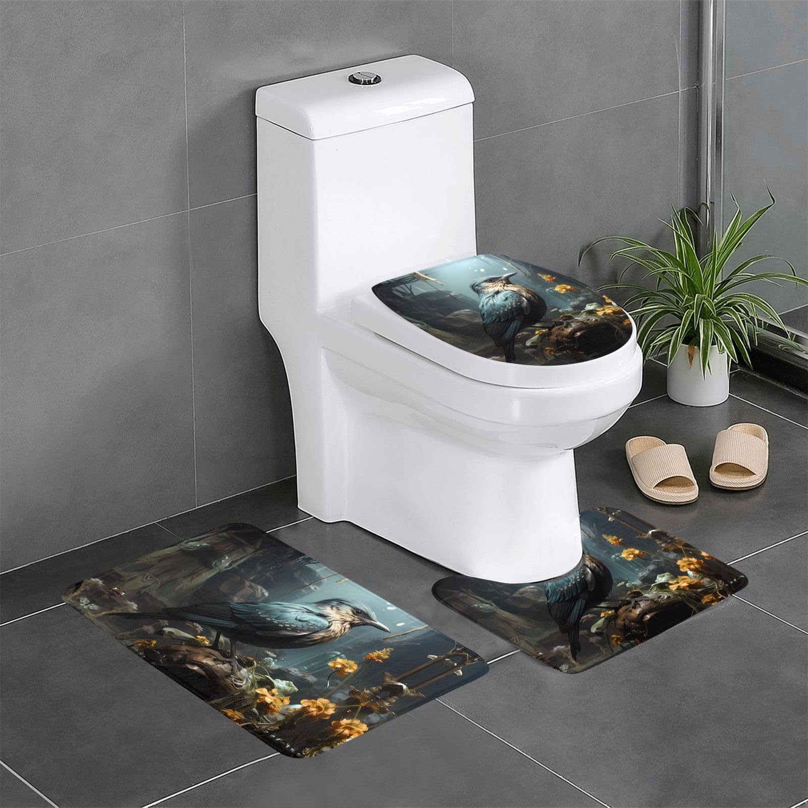 Lot de 3 tapis de salle de bain antidérapants oiseaux noirs 61x40cm