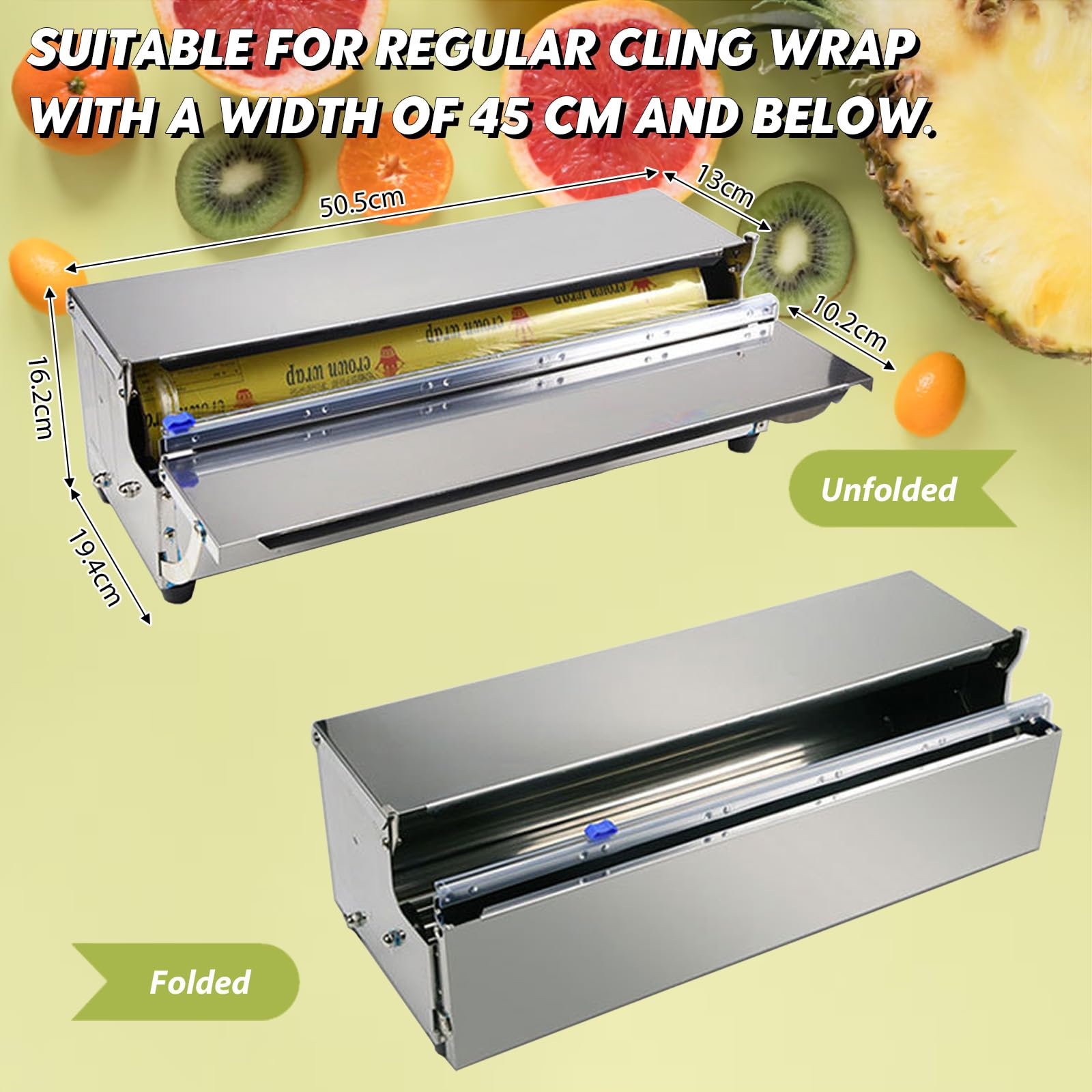 Folienspender Edelstahl (45cm) mit Frischhalte & Alufolie Hygienisch, staubdicht, 2 Ersatzklingen, faltbar, Ideal für Gastronomie
