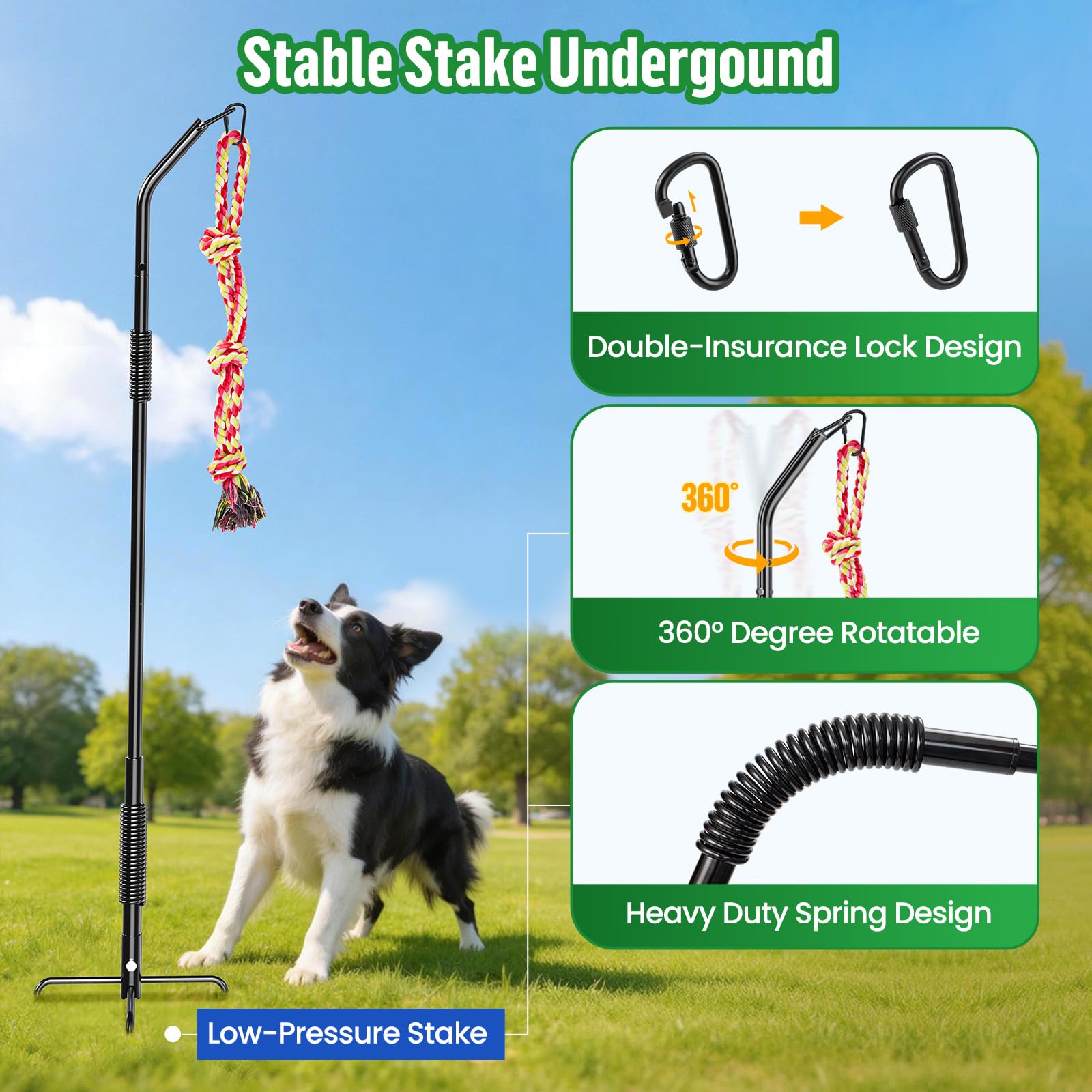 Tether Tug Outdoor Dog Rope Toy, Adjustment Height Upgraded Spring Pole, Includes 3 Chew Ropes, Interactive Tug of War Toy for Large Medium Small Dogs, Exercise Game In Yard, Lawn, Park