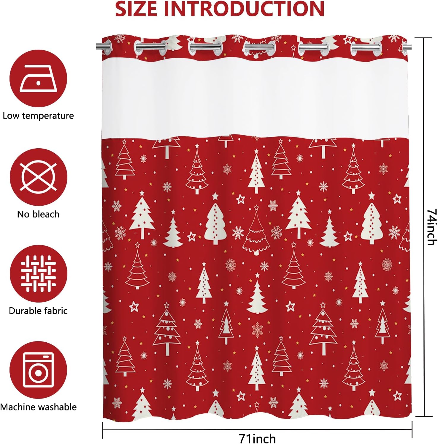 MEHOFOND No Hook Christmas Shower Curtain, Christmas Tree Shower Curtain,Winter Red Xmas Snowflake Pattern Holiday Christmas Bathroom Decor with Snap in Liner, Waterproof Polyester Fabric 71X74inch