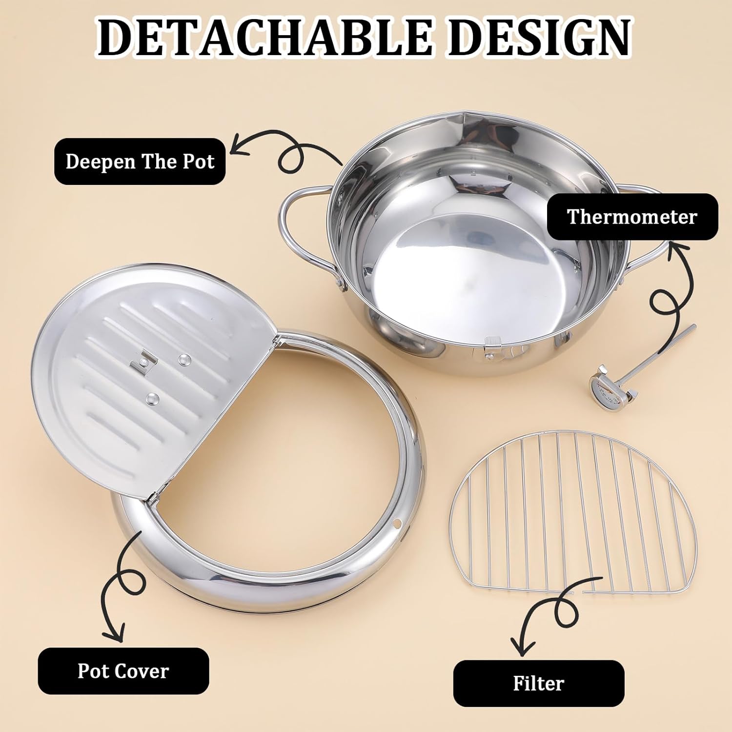 Deep Fryer Pot 304 Stainless Steel Japanese Frying Pot 3.4L/9.4 Inch Tempura Frying Pot with Lid, with Temperature Control Oil Drip Drainer Rack for Fried Chicken, Shrimp, French Chips dip