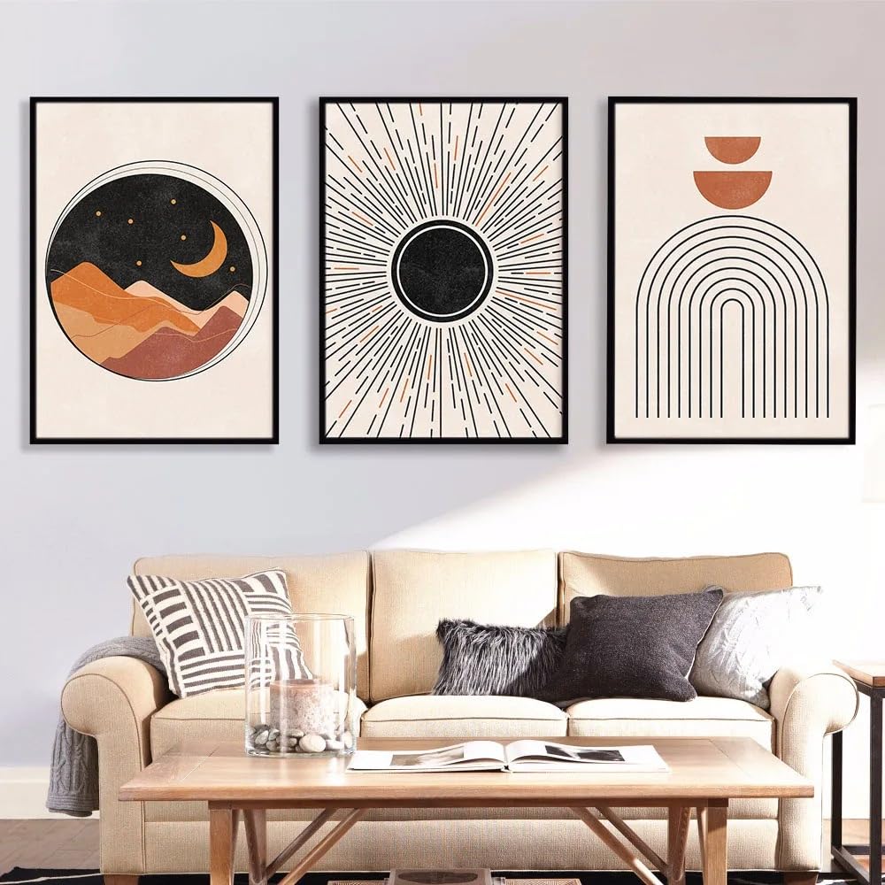 WUHBCZ Art Pictures-Abstract Mid Century Poster Sun and Moon Canvas Painting Rainbows Modern Art Print Geometric Wall Art Picture for Living Room Office Decoration-50 * 70cm/3PCS (No Frame)