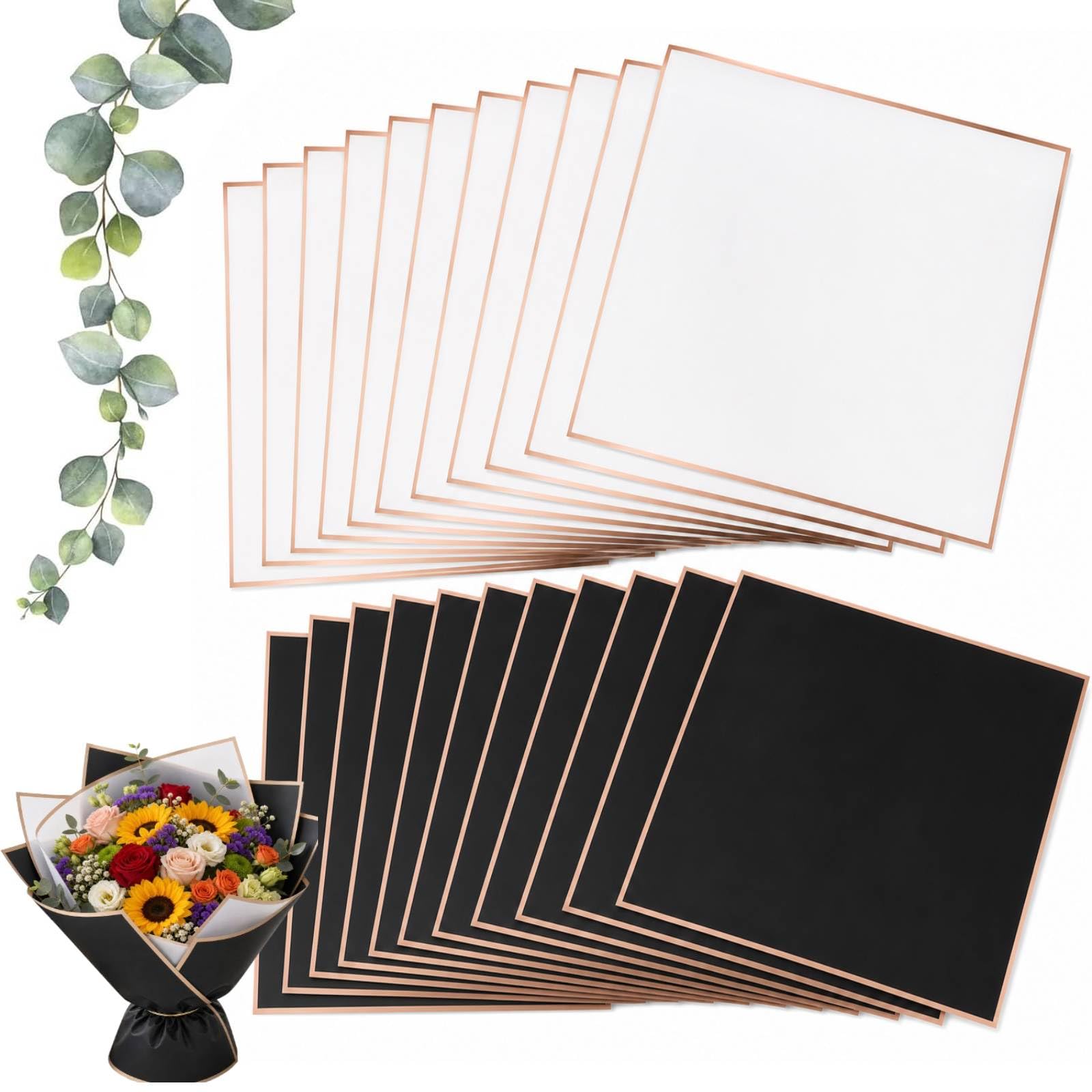OMBRISA Flower Wrapping Paper 20 Sheets, Bouquet Wrapping Paper with Gold Border, Waterproof Korean Florist Bouquet Paper, Packaging Paper for DIY Crafts Flowers Shop Bouquet Packaging(White & Black)